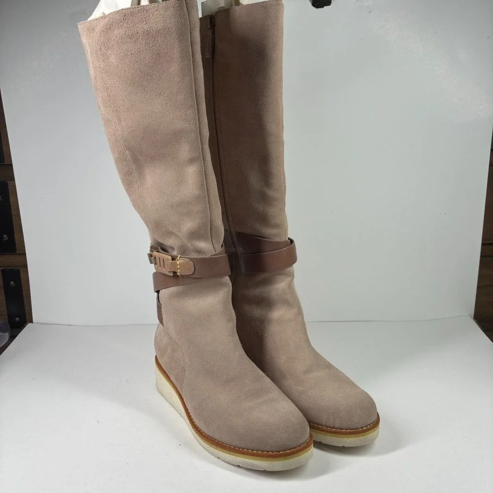 Cole Haan Gerina Women's US 7.5B Taupe Suede Waterproof Wedge Knee-High Boots